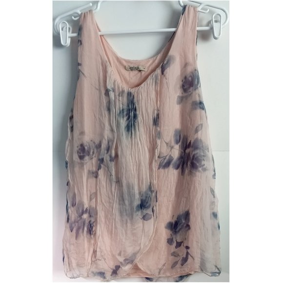 Angela Pink Floral Watercolor Silk Layered Tank Sz L - Picture 1 of 3
